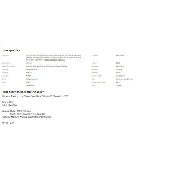 Champion Women's Anti-Odor Active wear Long Sleeve Open Back  XL - Picture 2 of 2